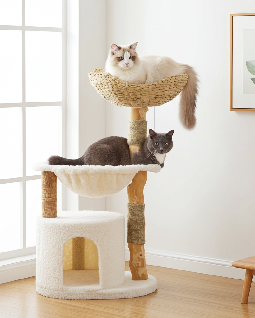Modern Wooden Cat Tree with Woven Basket & Condo