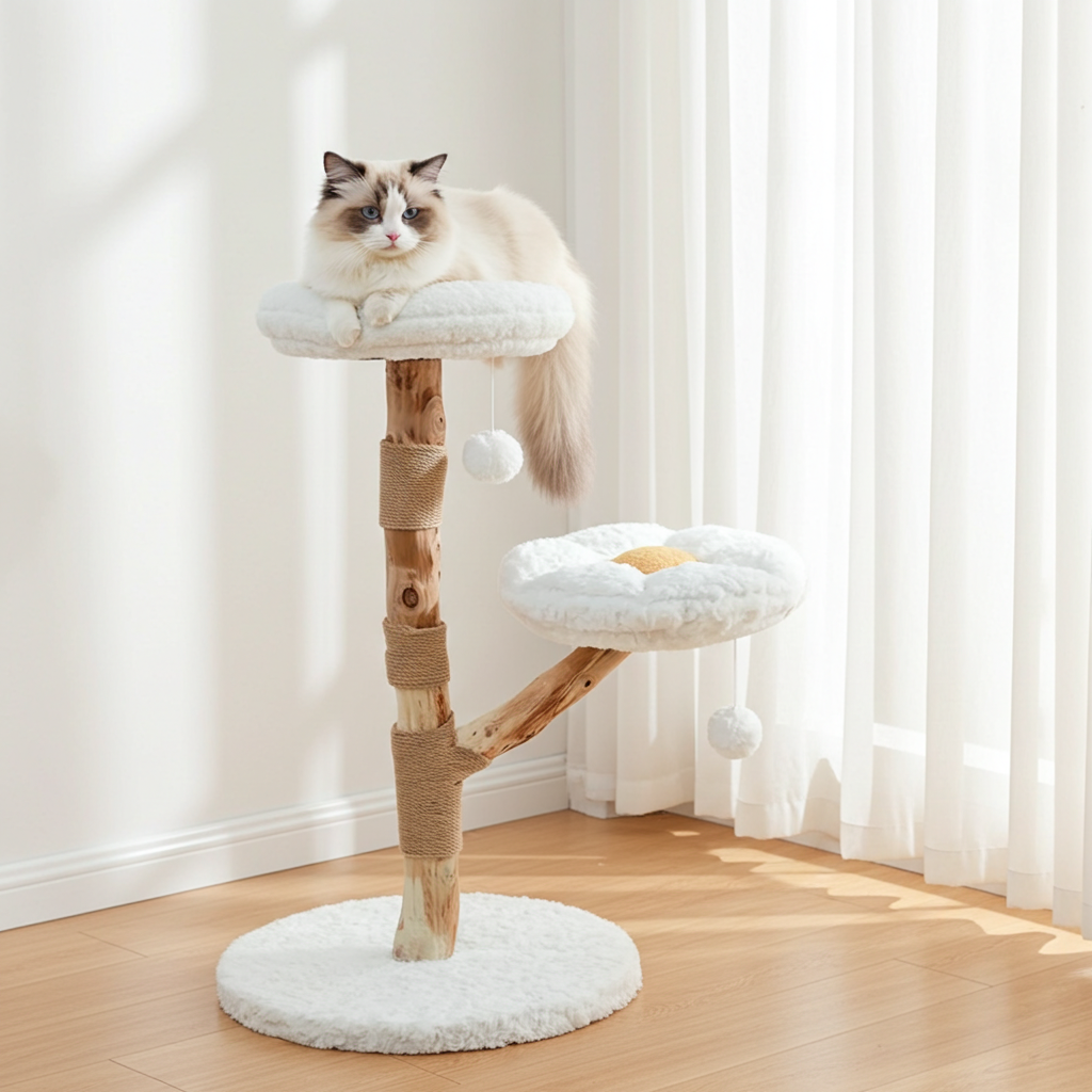 Cat resting on the top flower-shaped perch of a wooden cat tree