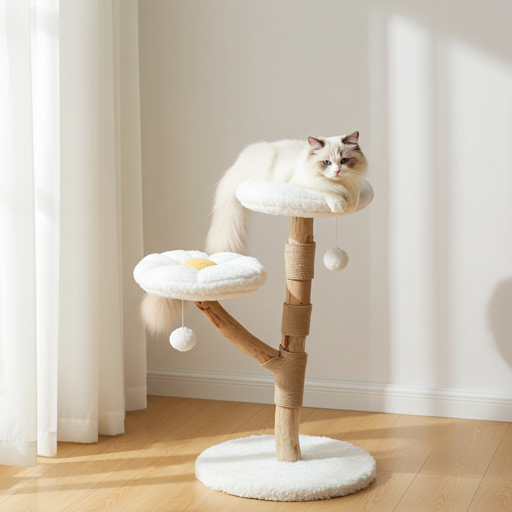 Cat resting on the upper flower perch of a wooden cat tree