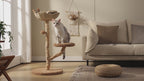 EcoPawPaw 95cm Natural Wooden Cat Tree with Handwoven Wicker Bed – Space-Saving Cat Tower for Small & Medium Cats
