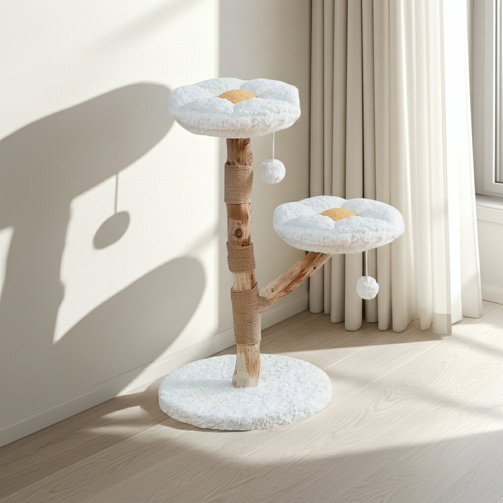 Wooden flower-perch cat tree in a sunlit room